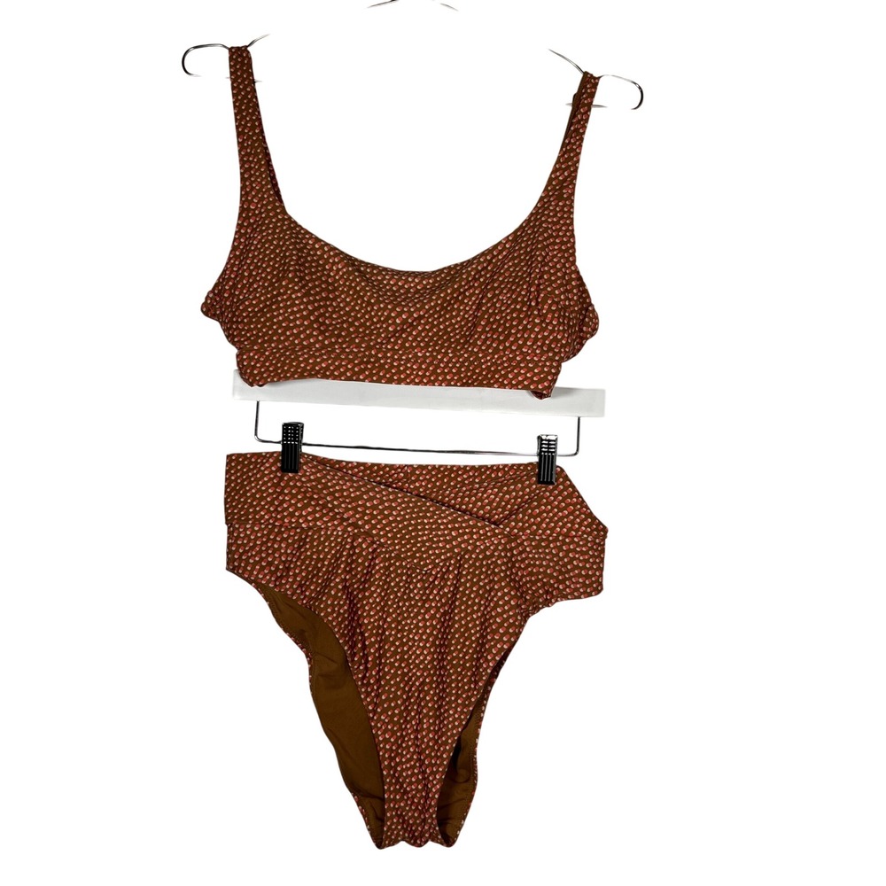 Aerie Brown Bikini Pink Dot Set High Waisted Scoop Neck Swimwear M/L